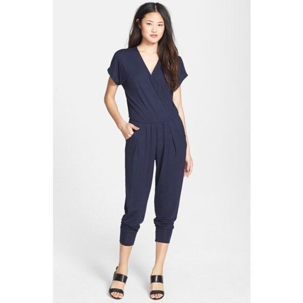 NEW Loveappella Navy Jersey Knit Short Sleeve Jogger Style Jumpsuit Sz M Casual